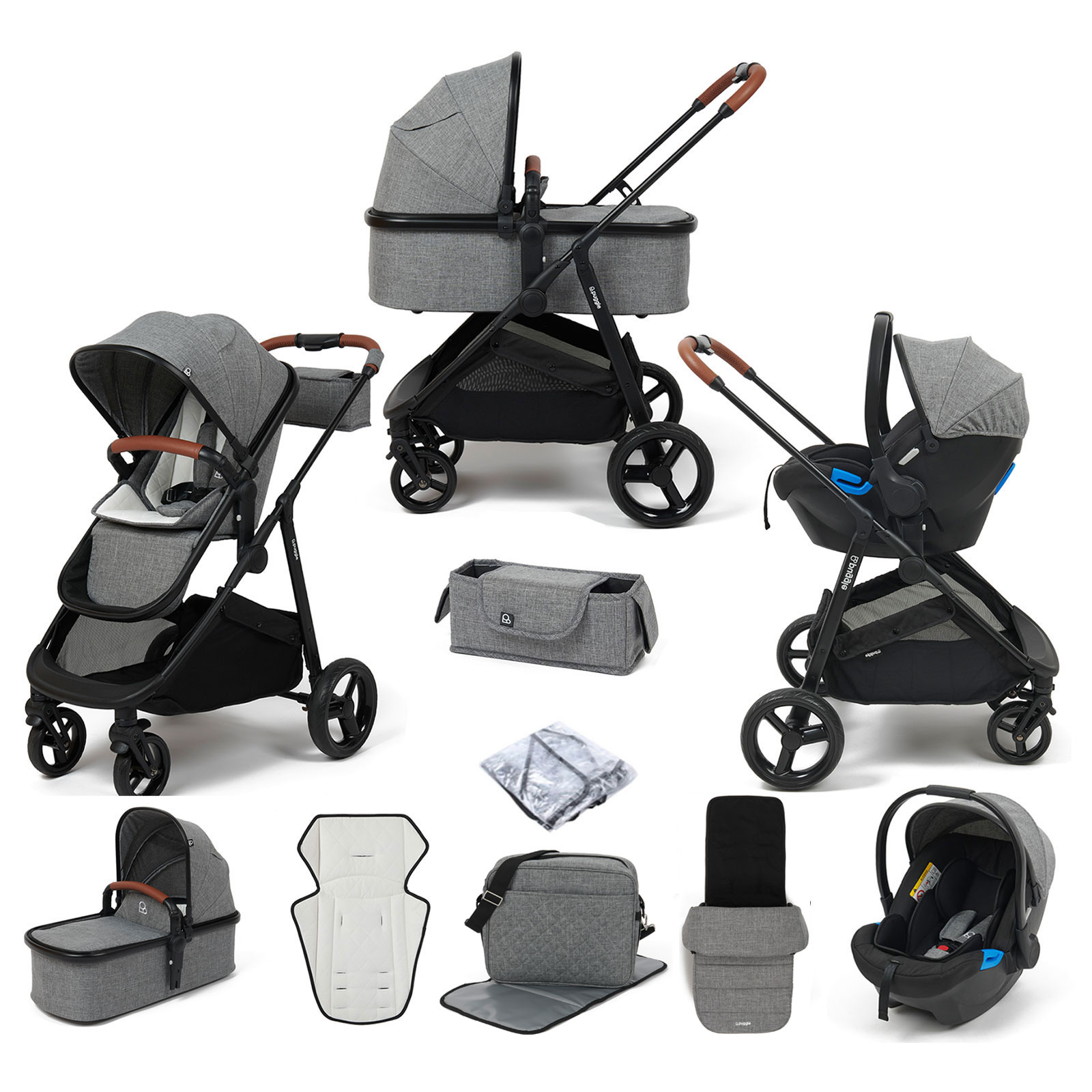Puggle Monaco XT 3in1 Travel System with Organiser, Footmuff & Changing Bag - Graphite Grey