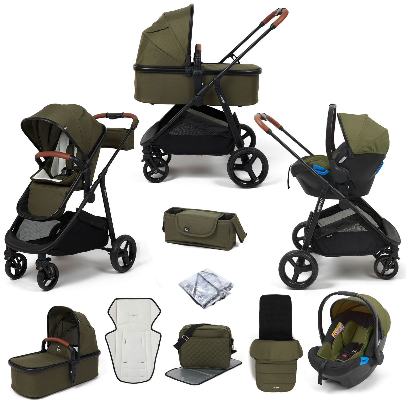 Puggle Monaco XT 3in1 Travel System with Organiser, Footmuff & Changing Bag - Forest Green
