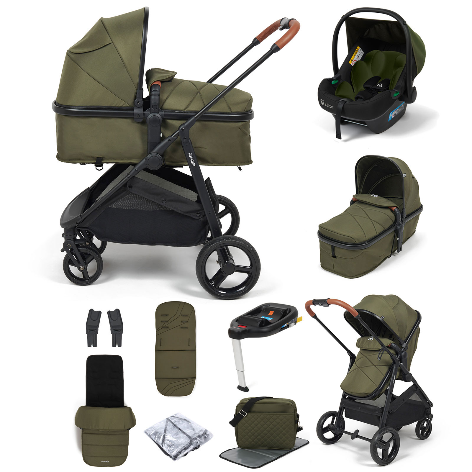 Puggle Monaco XT 2in1 i-Size Travel System with ISOFIX Base, Footmuff & Changing Bag - Forest Green