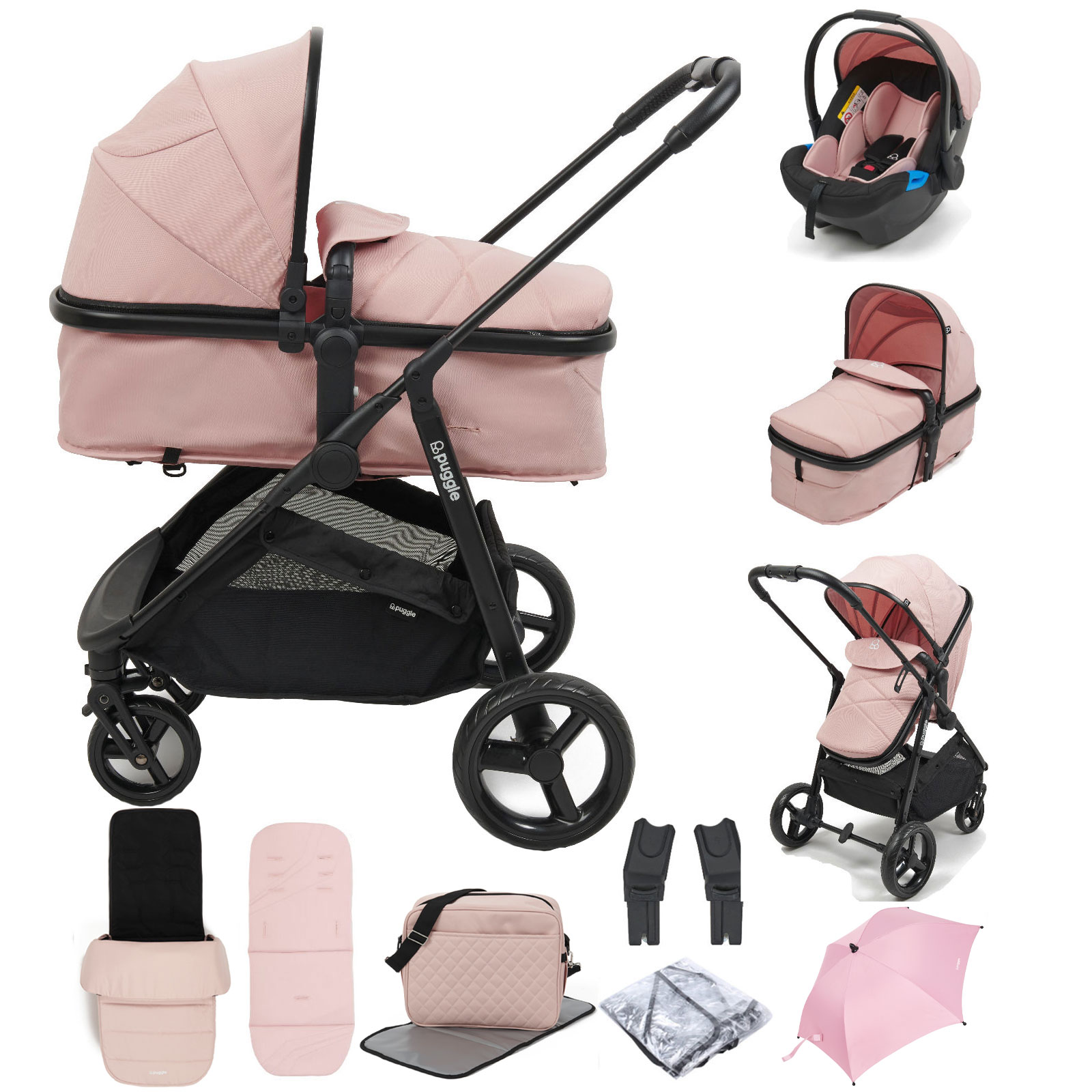 Puggle Monaco XT 2in1 Pram Pushchair Travel System with Footmuff, Changing Bag & Parasol - Blush Pink