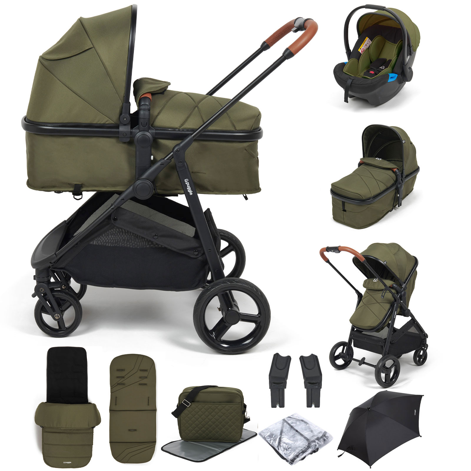 Puggle Monaco XT 2in1 Pram Pushchair Travel System with Footmuff, Changing Bag & Parasol - Forest Green