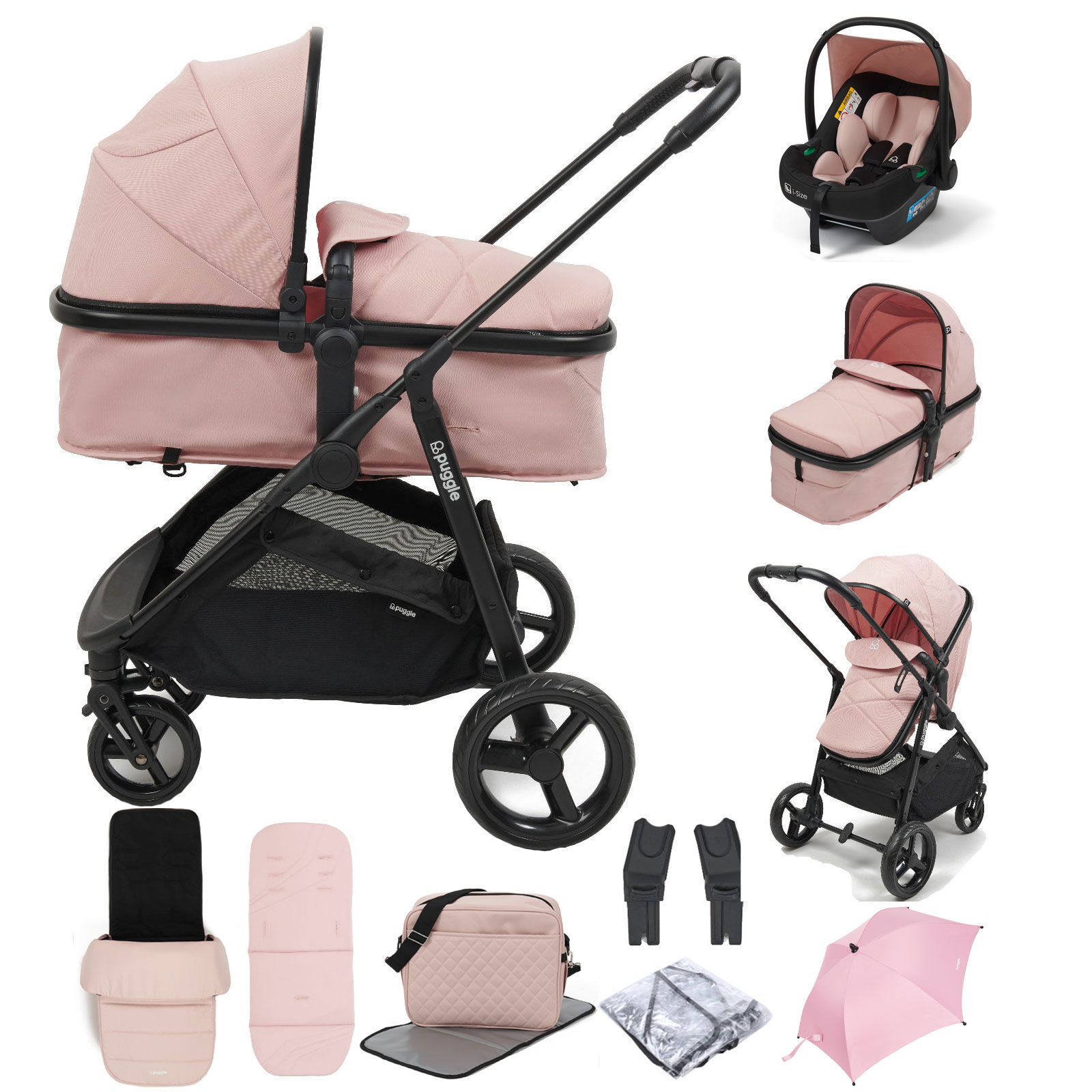 Puggle Monaco XT 2in1 i-Size Pram Pushchair Travel System with Footmuff, Changing Bag & Parasol - Blush Pink