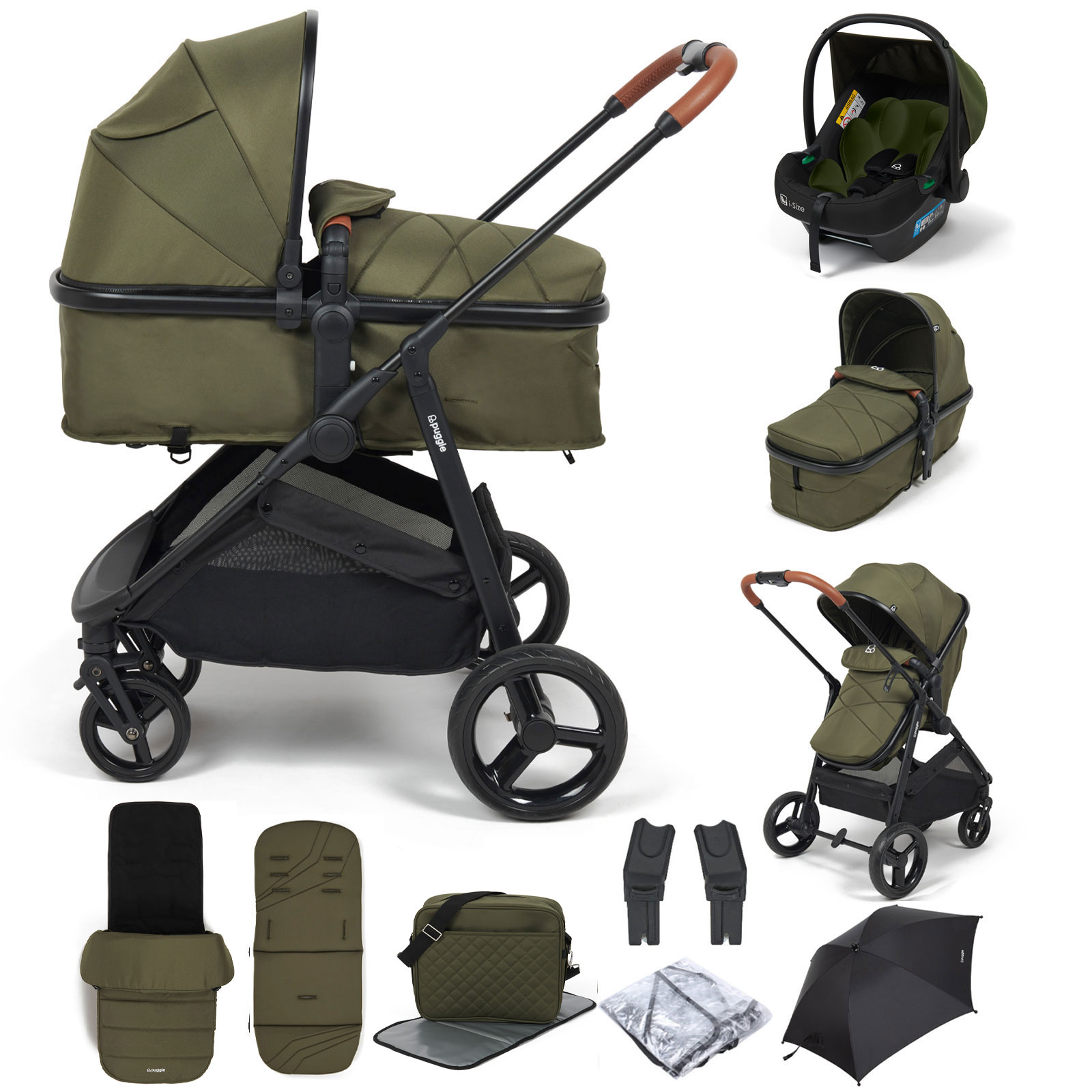 Puggle Monaco XT 2in1 i-Size Pram Pushchair Travel System with Footmuff, Changing Bag & Parasol - Forest Green