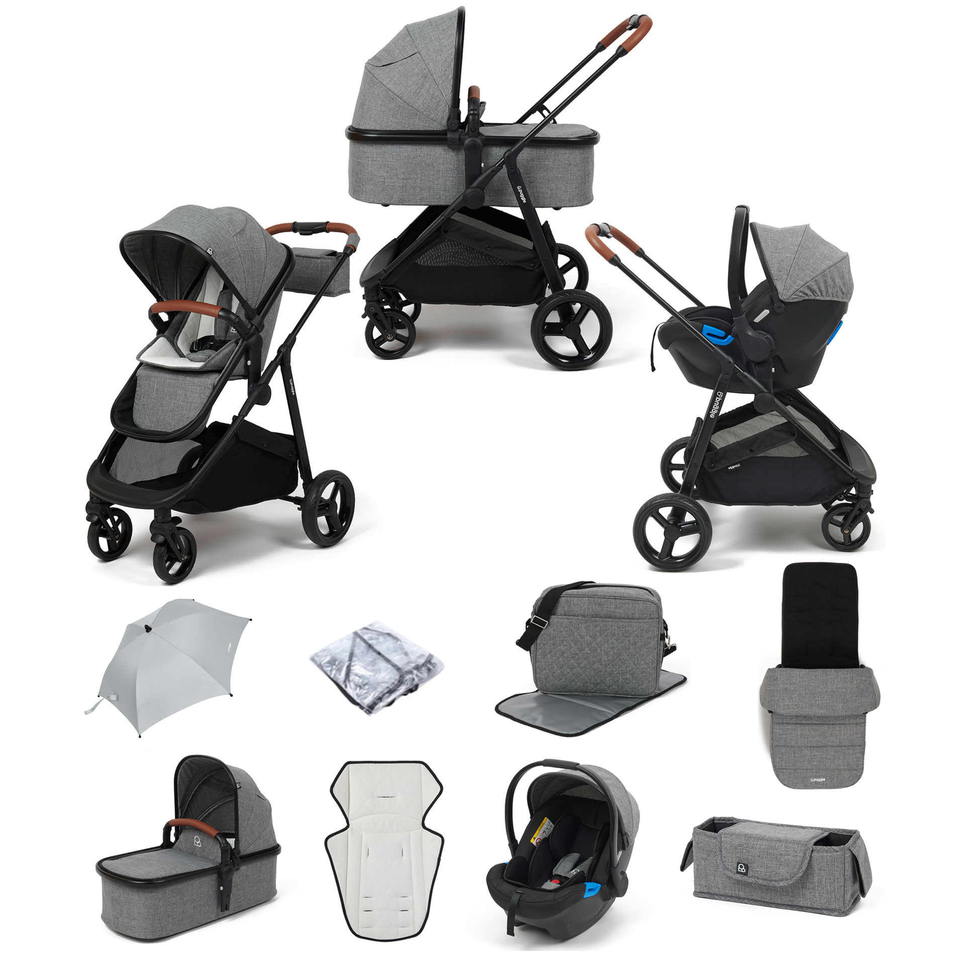 Puggle Monaco XT 3in1 Travel System with Organiser, Parasol, Footmuff & Changing Bag - Graphite Grey