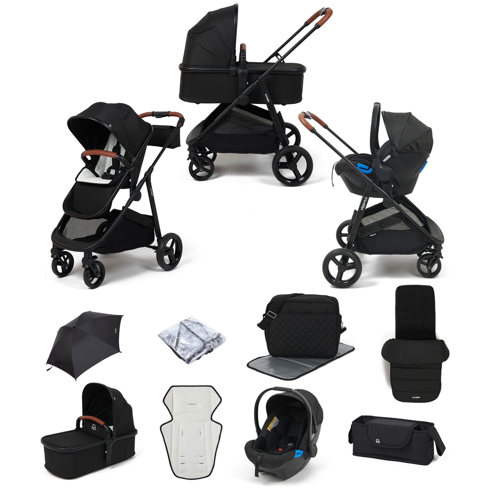 Puggle Monaco XT 3in1 Travel System with Organiser, Parasol, Footmuff & Changing Bag - Storm Black