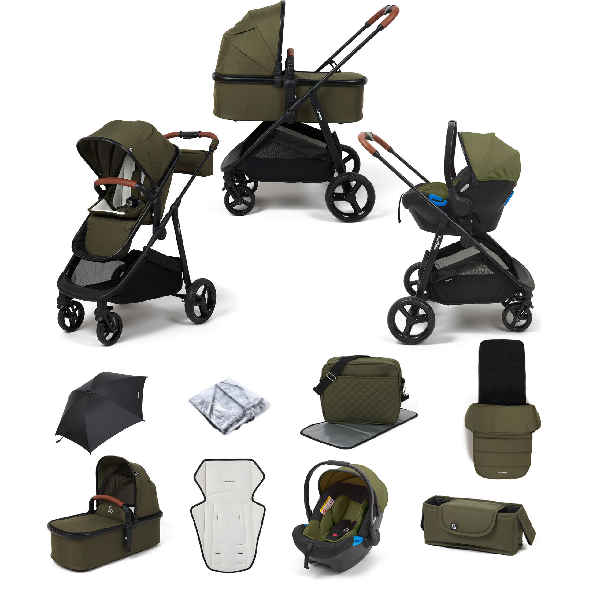 Puggle Monaco XT 3in1 Travel System with Organiser, Parasol, Footmuff & Changing Bag - Forest Green