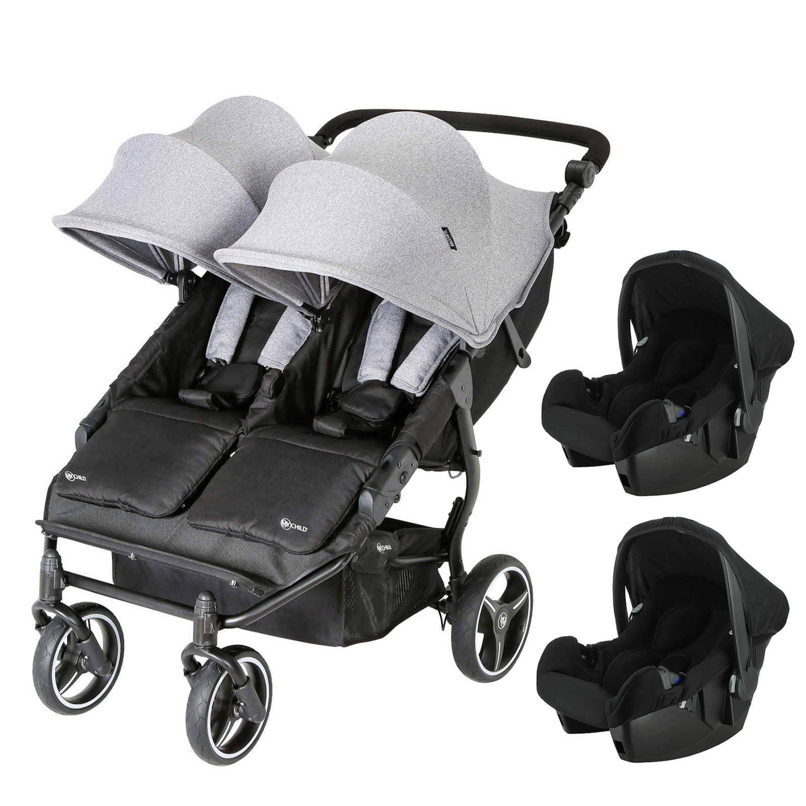 My Child Easy Twin 3.0 Slimline Double Stroller (65cm) with 2 Beone Infant Carrier Car Seats - Grey