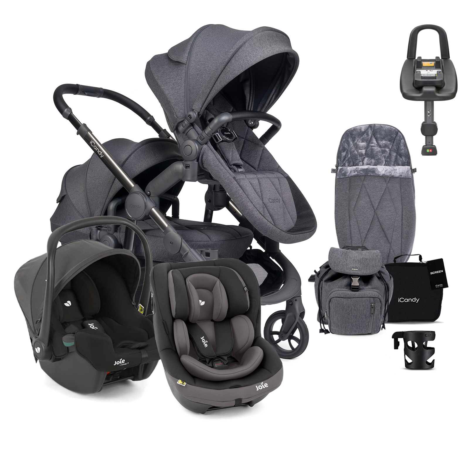 iCandy Orange 3 Double with i-Snug 2 Car Seat Complete Travel System Bundle with i-Venture Car Seat & i-Base Advance - Dark Grey