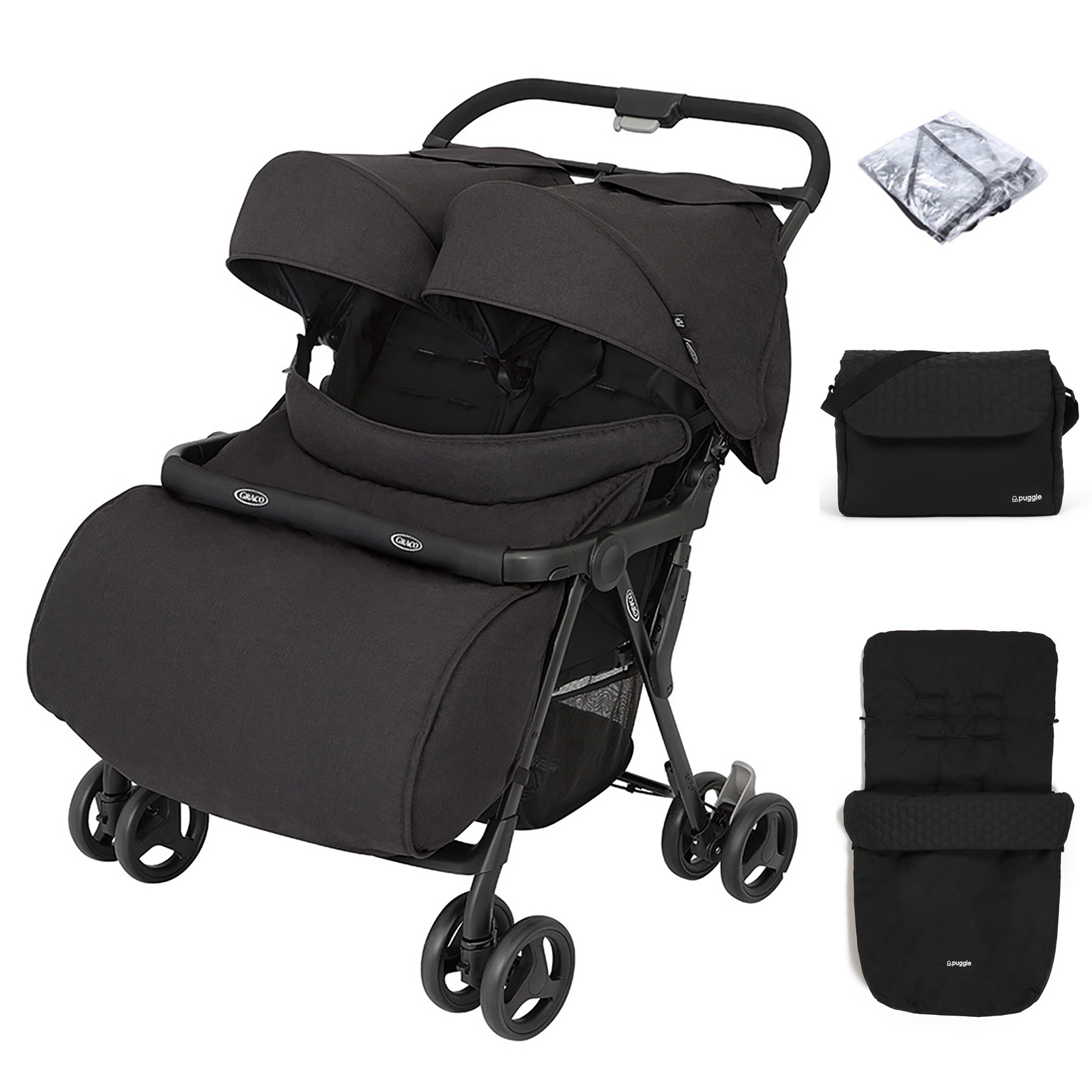 Graco Opia™ Aire Twin Pushchair with Double Apron, Raincover, Footmuff & Changing Bag - Night Sky