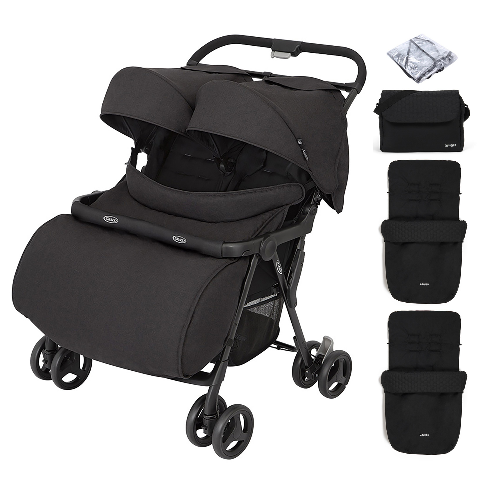 Graco Opia™ Aire Twin Pushchair with Double Apron, Raincover, 2 Footmuffs & Changing Bag - Night Sky