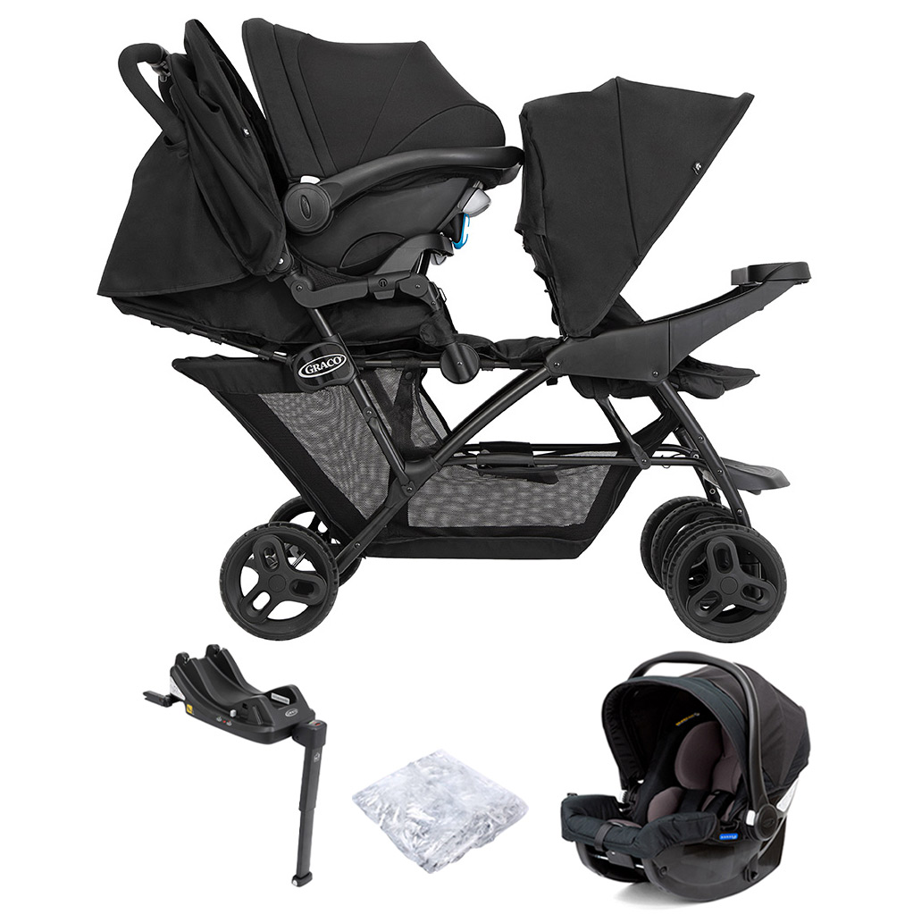 Graco Blaaze™ Stadium Duo Tandem Travel System with Front Apron, Raincover, Snugessentials Car Seat & Isofamily i-Size Base - Night Sky