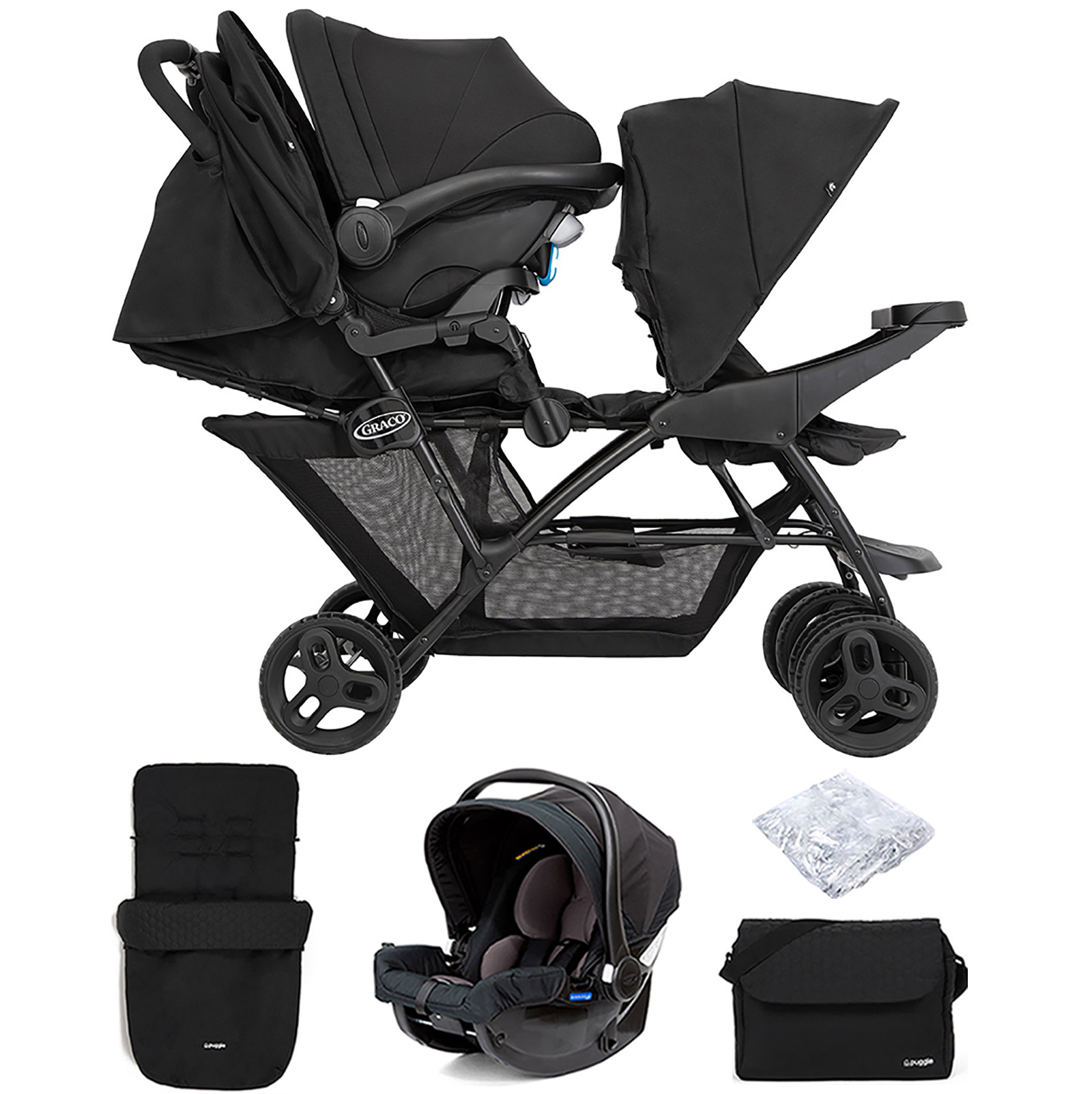 Graco Blaaze™ Stadium Duo Tandem Travel System with Front Apron, Raincover, Footmuff, Changing Bag & Car Seat - Night Sky