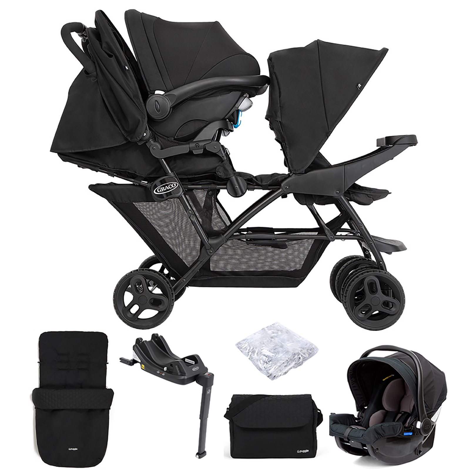Graco Blaaze™ Stadium Duo Tandem Travel System with Front Apron, Raincover, Footmuff, Changing Bag, Car Seat & Base - Night Sky