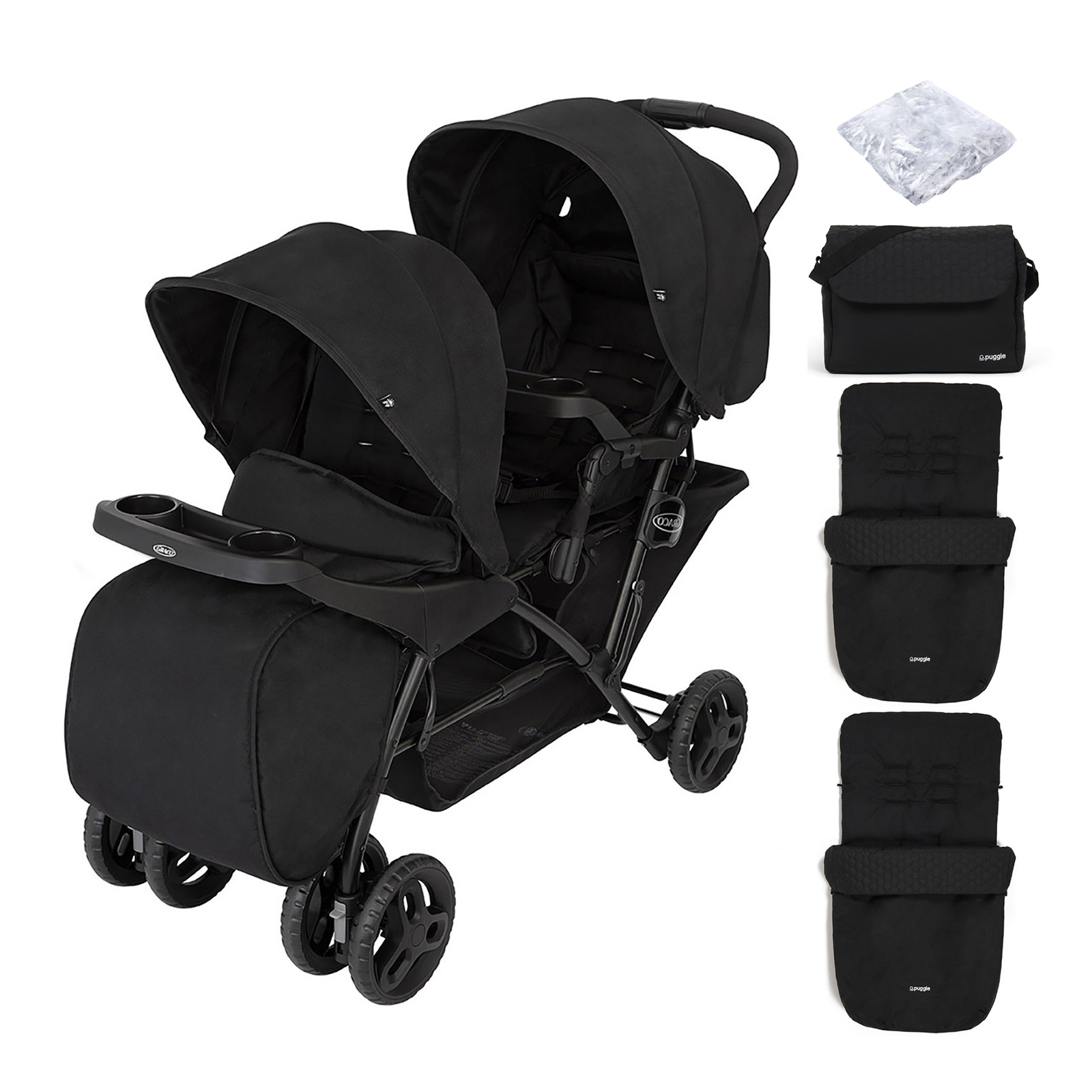 Graco Blaaze™ Stadium Duo Tandem Pushchair with Front Apron, Raincover, 2 Footmuffs, & Changing Bag- Night Sky