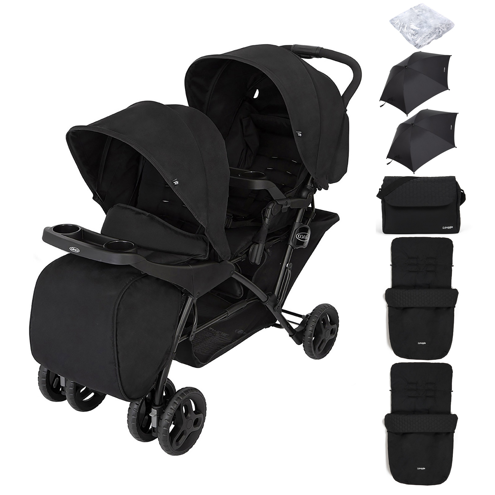 Graco Blaaze™ Stadium Duo Tandem Pushchair with Front Apron, Raincover, 2 Footmuffs, 2 Parasols & Changing Bag - Night Sky