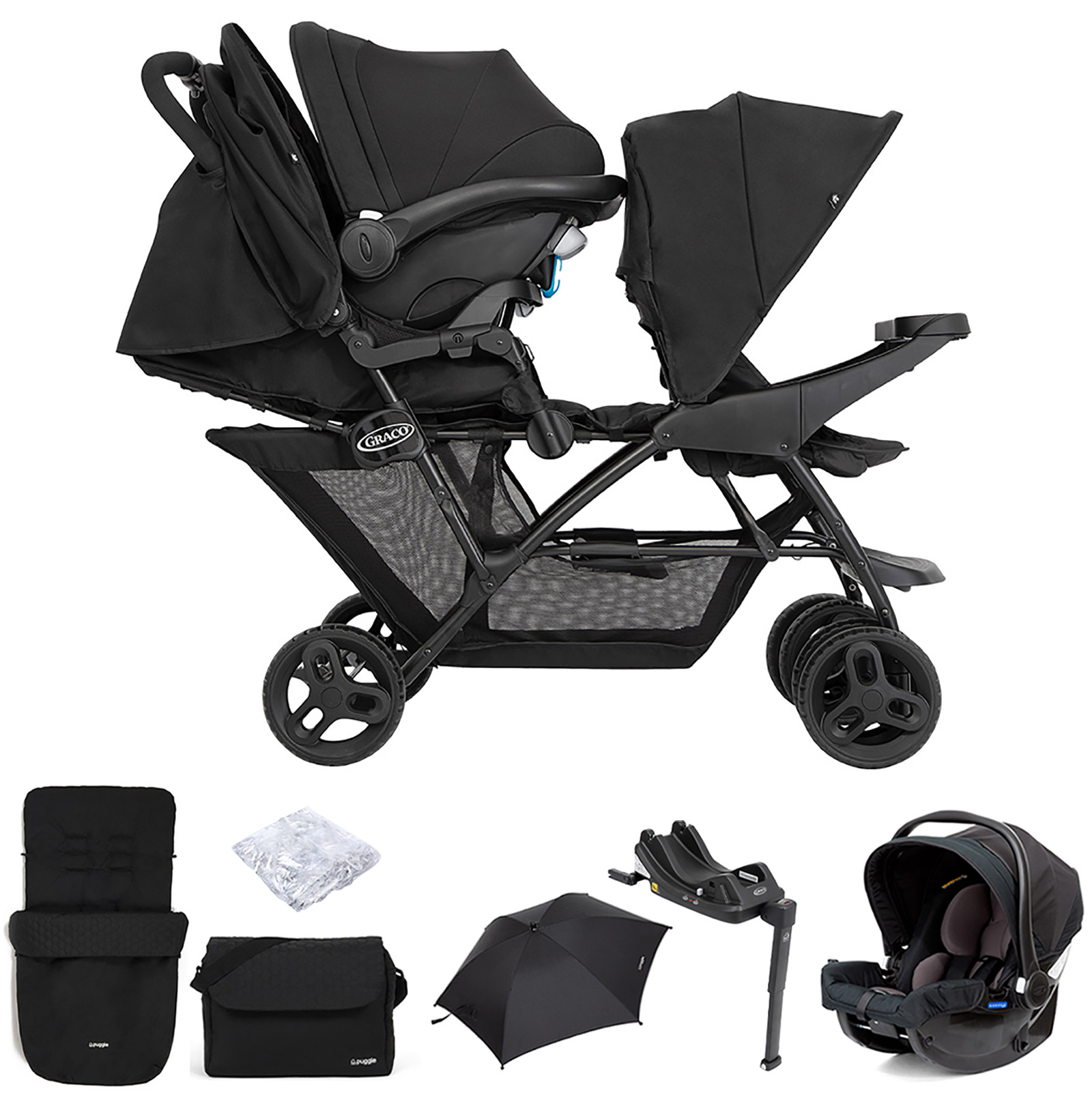 Graco Blaaze™ Stadium Duo Tandem Travel System with Front Apron, Raincover, Footmuff, Changing Bag, Car Seat, Base & Parasol - Night Sky