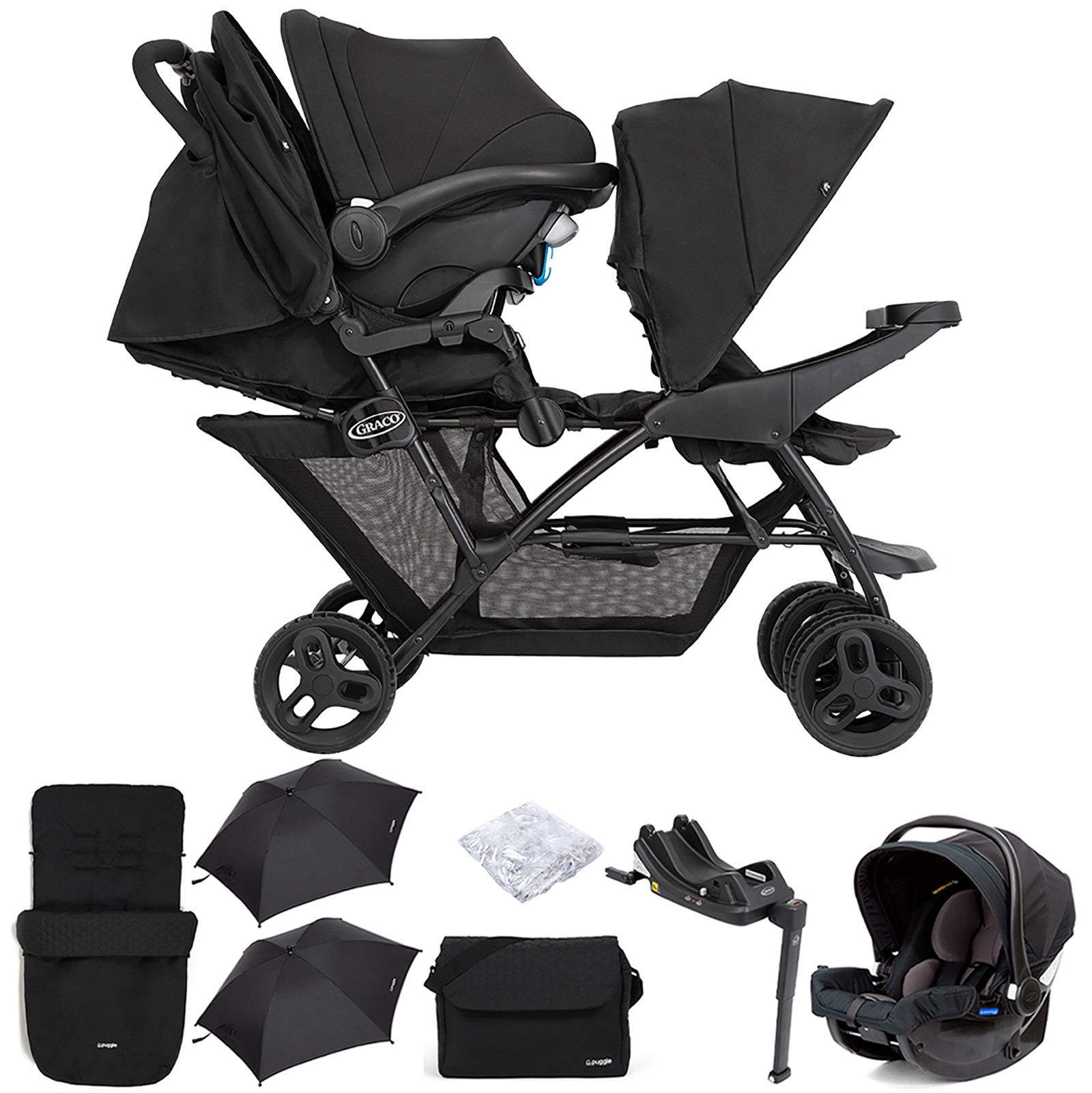 Graco Blaaze™ Stadium Duo Tandem Travel System with Front Apron, Raincover, Footmuff, Changing Bag, Car Seat, Base & 2 Parasols - Night Sky
