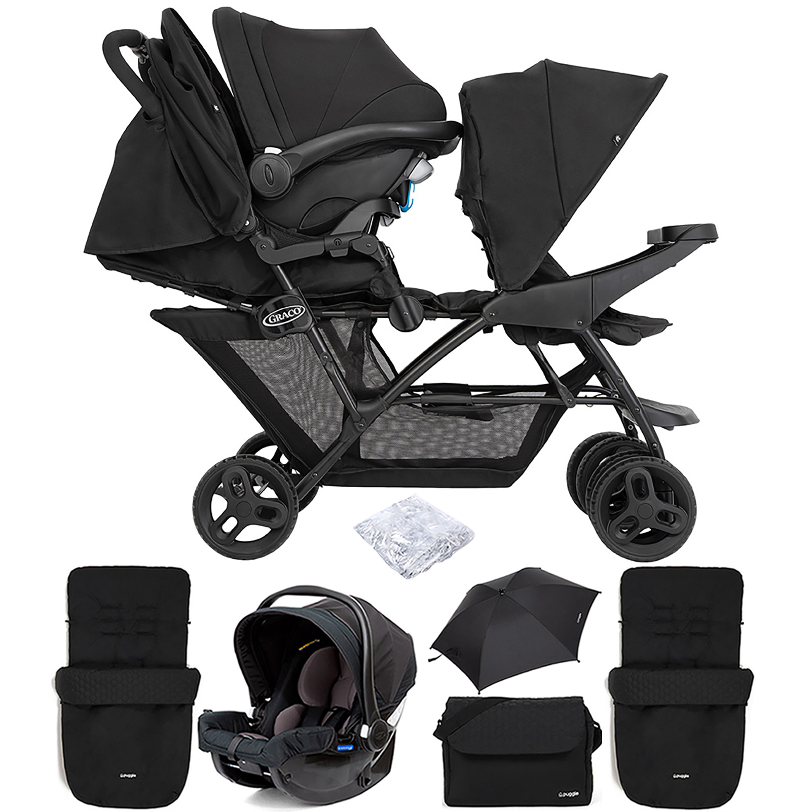 Graco Blaaze™ Stadium Duo Tandem Travel System with Front Apron, Raincover, 2 Footmuffs, Changing Bag, Car Seat & Parasol - Night Sky