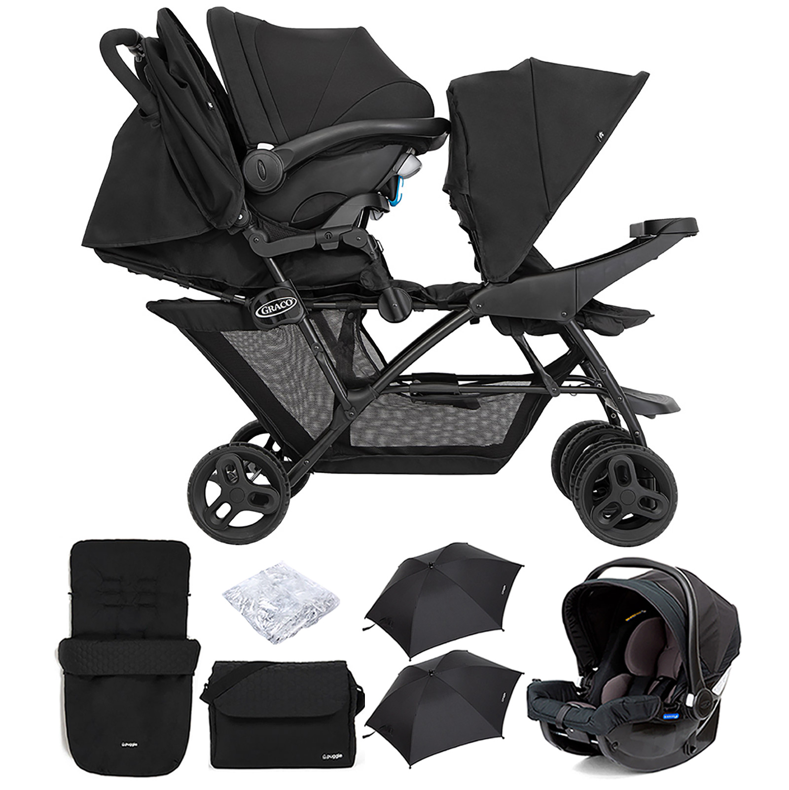 Graco Blaaze™ Stadium Duo Tandem Travel System with Front Apron, Raincover, Footmuff, Changing Bag, Car Seat & 2 Parasols - Night Sky