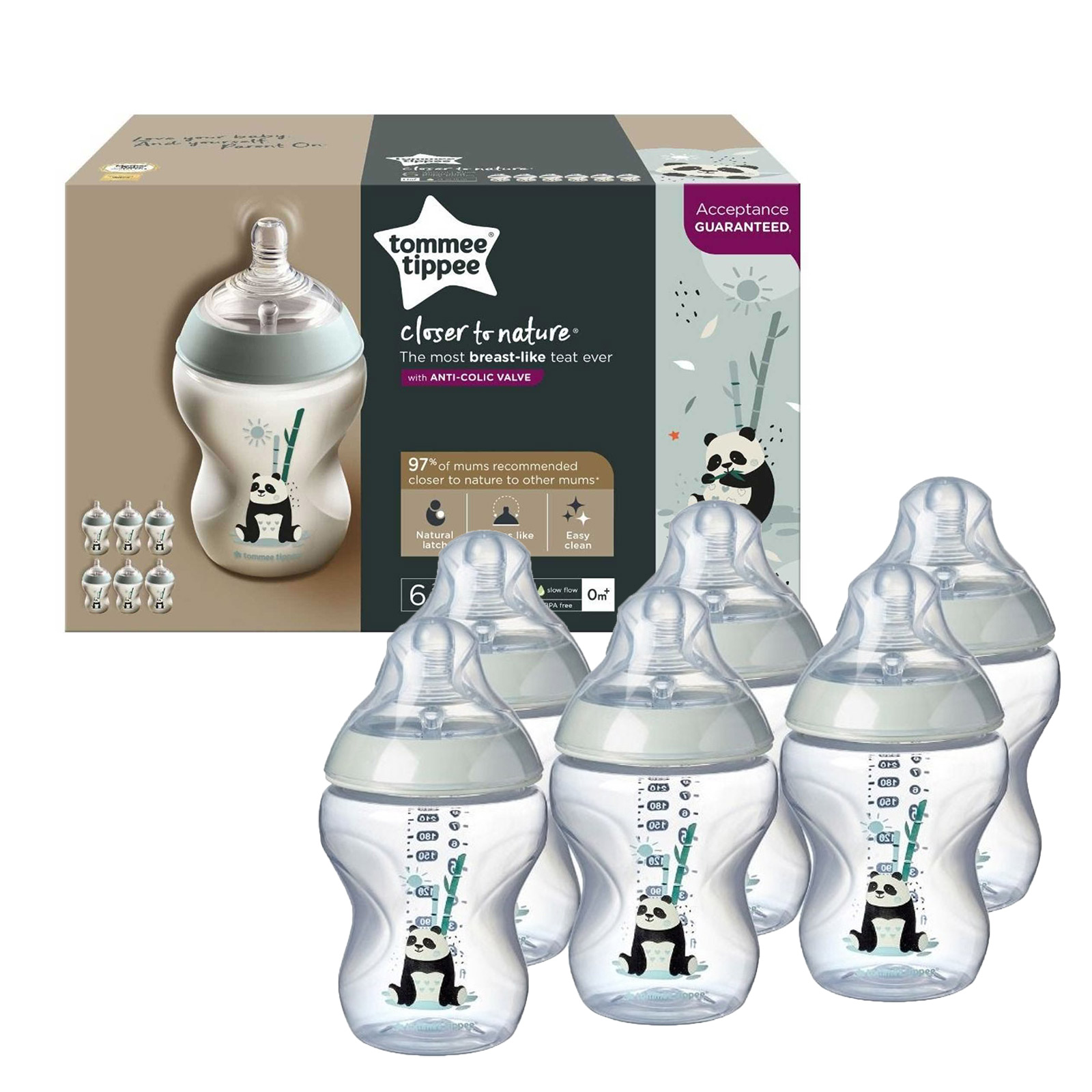 Tommee Tippee Closer to Nature 6 Pack Baby Bottles (260ml) - Clear