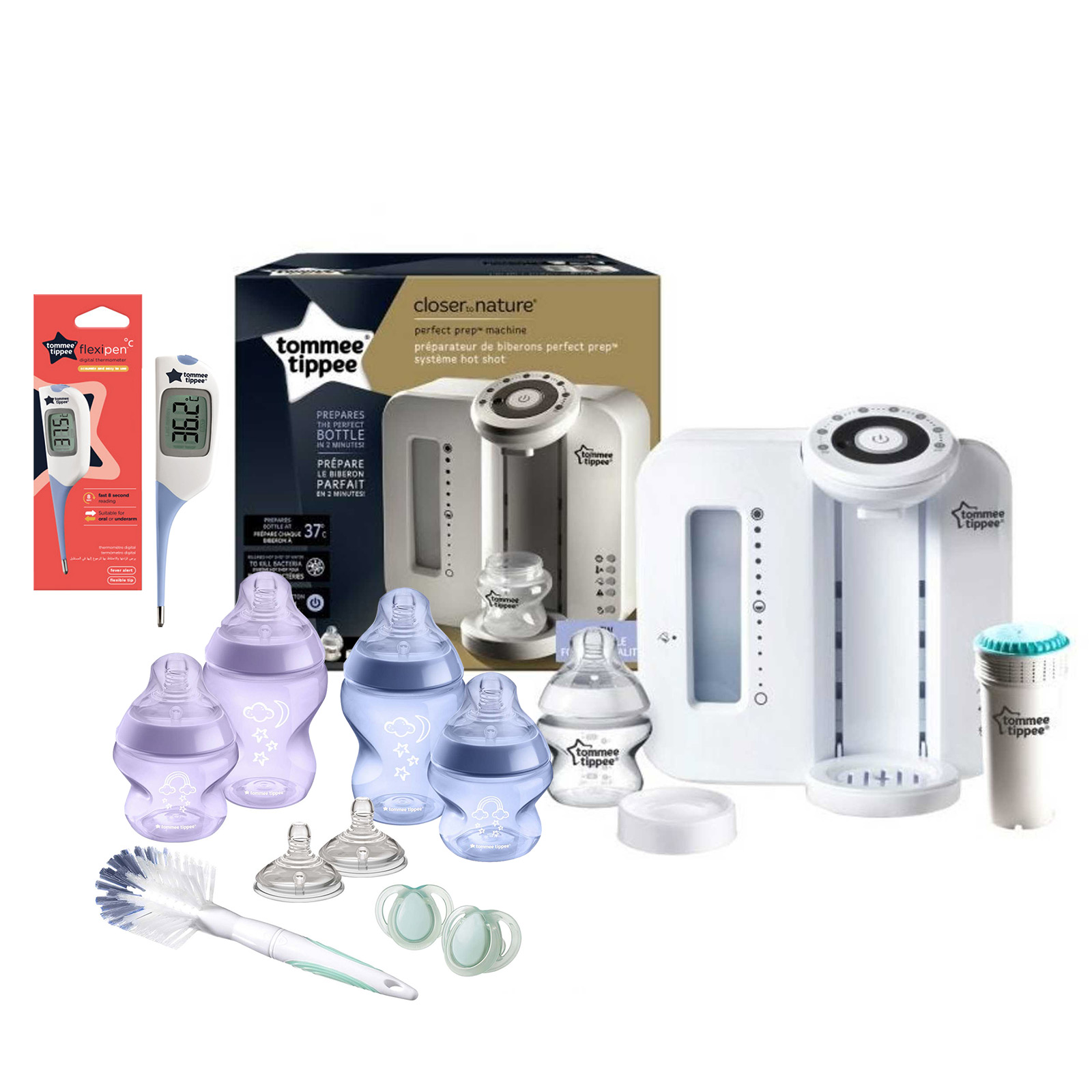 Tommee Tippee Perfect Prep Baby Bottle Making Machine With Baby Bottle Starter Set & Thermometer - White/Purple/Blue