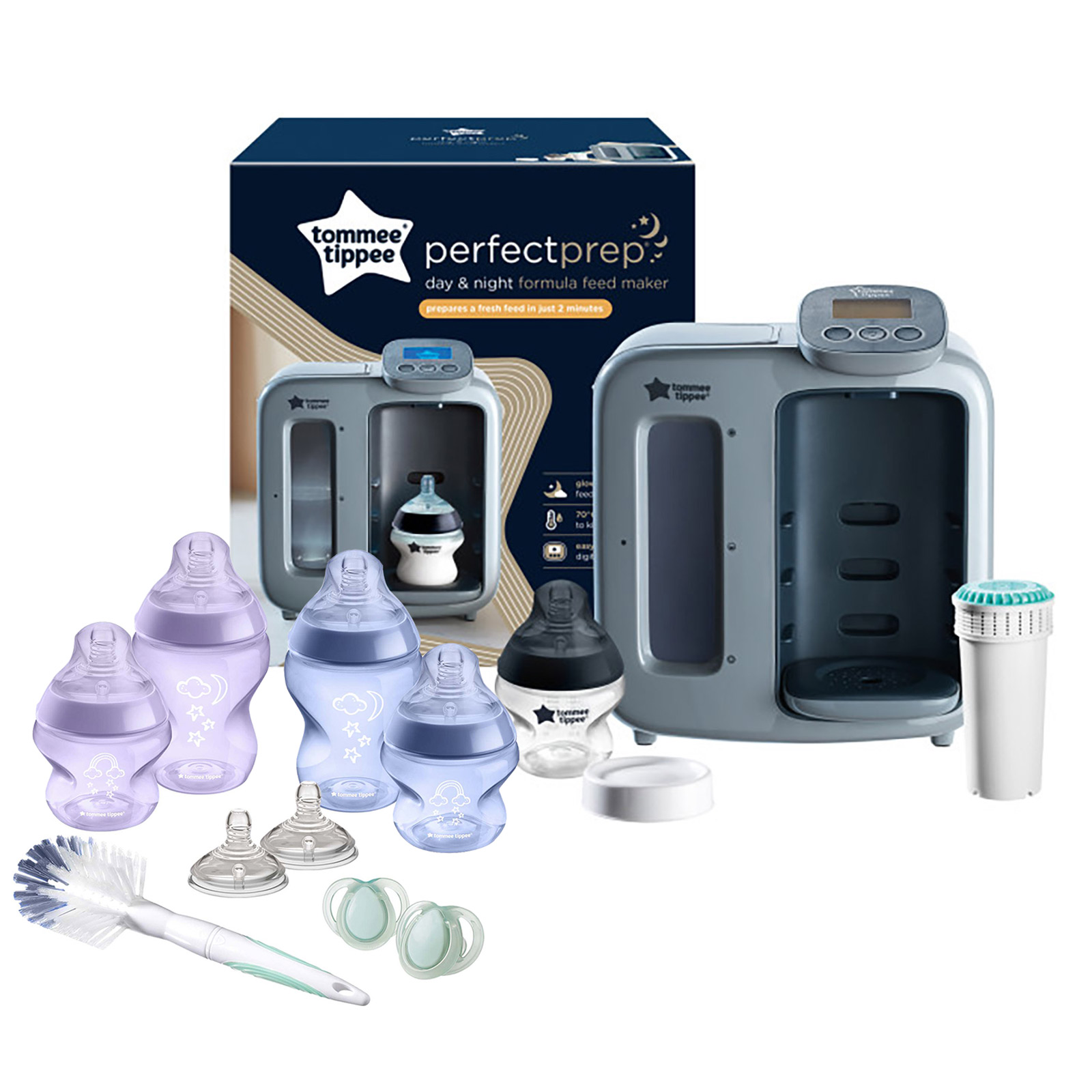Tommee Tippee Perfect Prep Day & Night Machine Instant Baby Bottle Maker With Baby Bottle Set - Grey/Purple/Blue