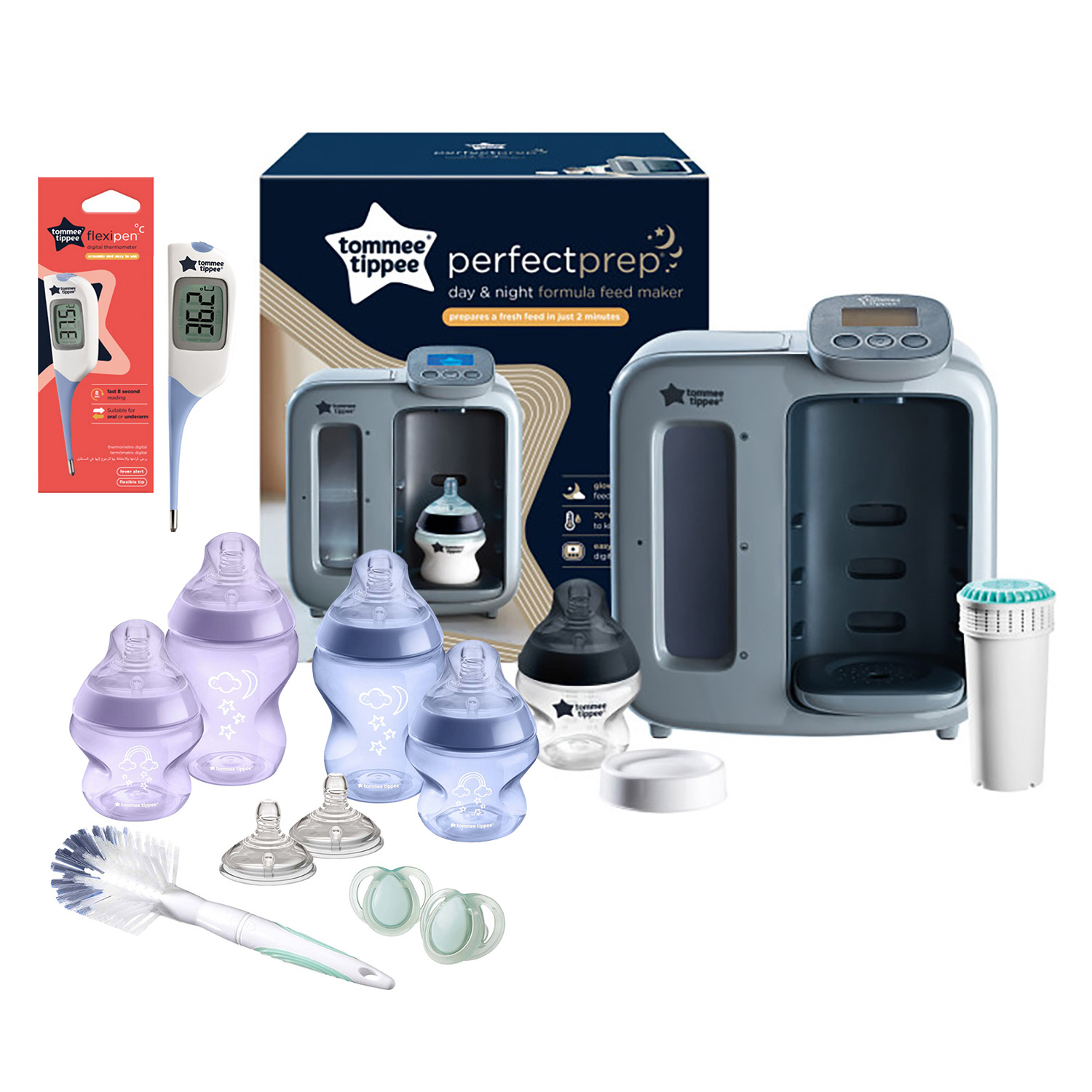Tommee Tippee Perfect Prep Day & Night Machine Instant Baby Bottle Maker With Baby Bottle Set & Thermometer - Grey/Purple/Blue