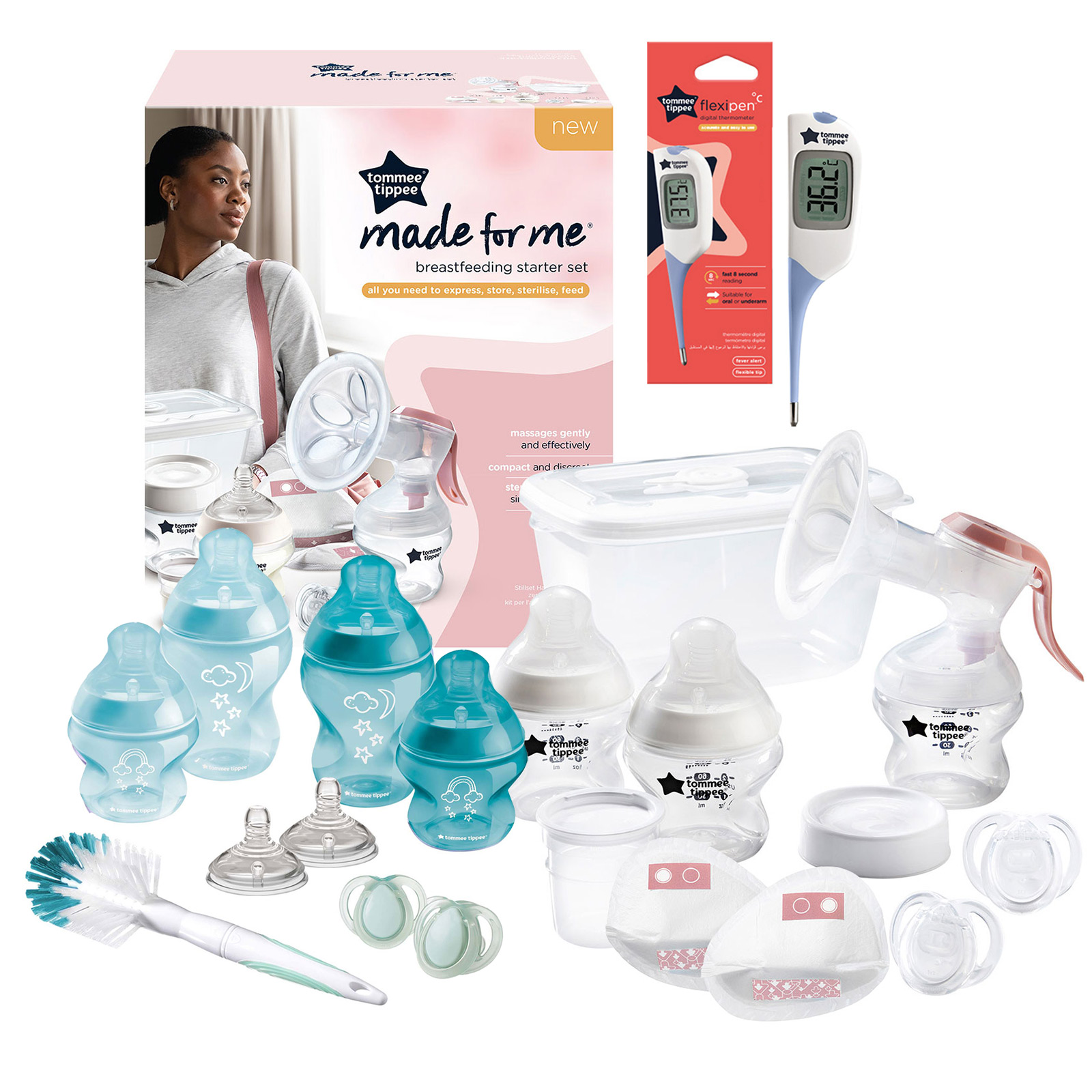 Tomme Tippee Breastfeeding Starter Kit & Closer to Nature Baby Bottle Set With Thermometer - Blue