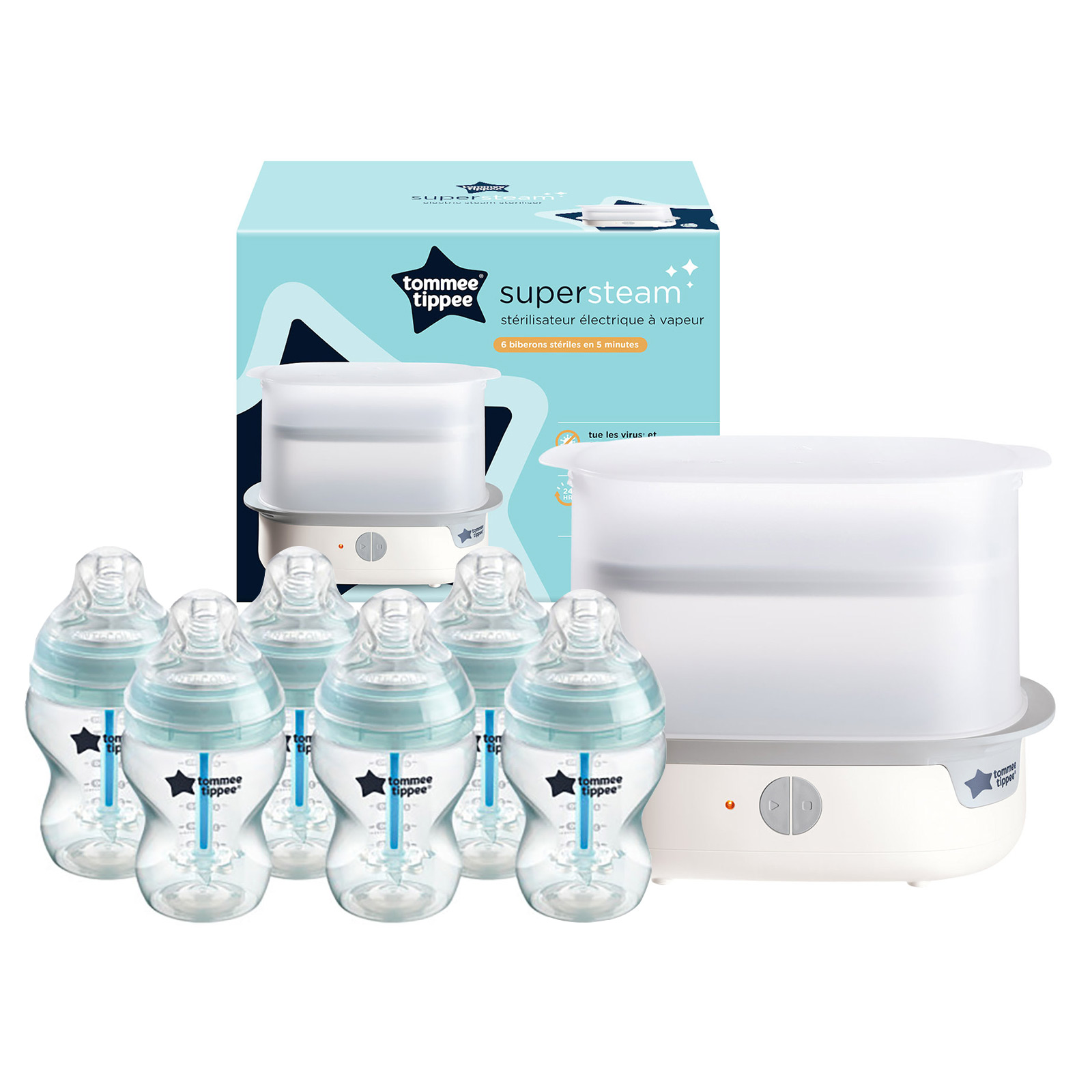 Tommee Tippee Super-Steam Advanced Electric Steriliser and Closer to Nature Baby Bottles (6 Pack) - White