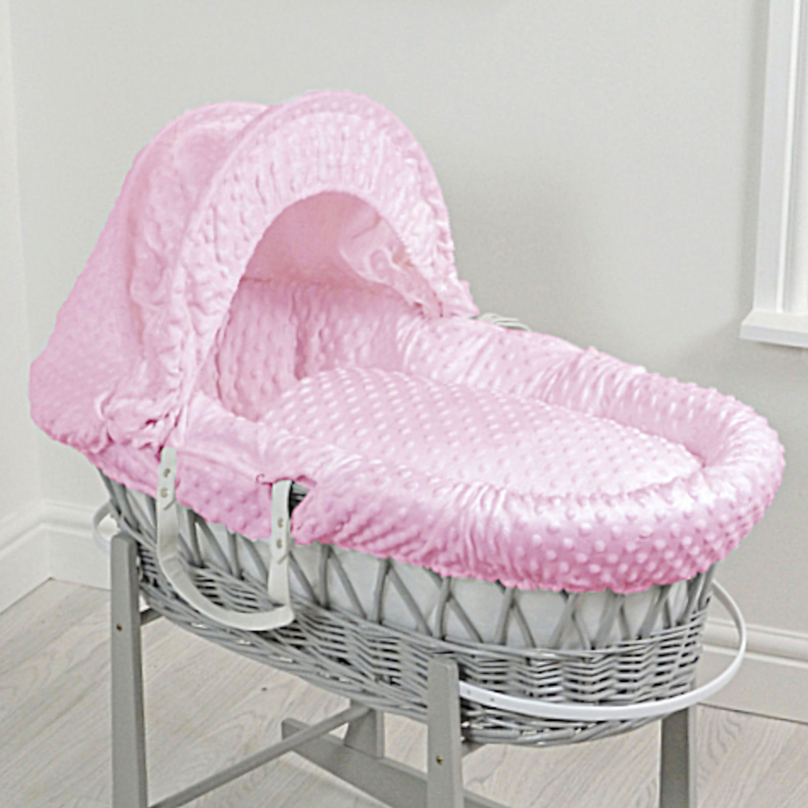 4baby Deluxe Padded Grey Wicker Moses Basket - Pink Dimple