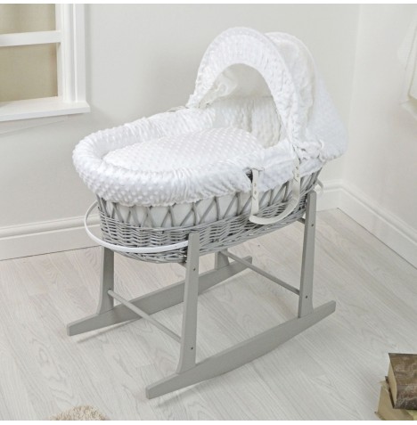 4Baby Padded Grey Wicker Moses Basket & Grey Rocking Stand - White Dimple