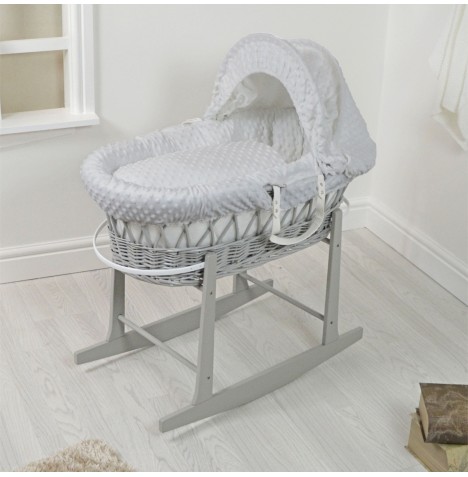 4Baby Padded Grey Wicker Moses Basket & Rocking Stand - Grey Dimple
