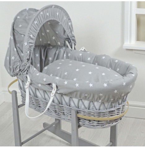 4Baby Padded Grey Wicker Baby Moses Basket - Grey / White Stars