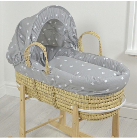 4baby Deluxe Palm Moses Basket - Grey / White Stars