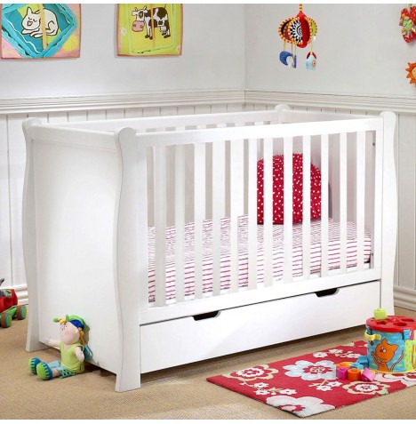 Puggle Sleigh Cot With Drawer & Eco Fibre Mattress - White