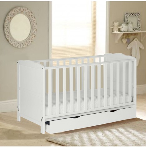 4Baby Classic Cot Bed With Drawer & Deluxe Eco Fibre Mattress - White
