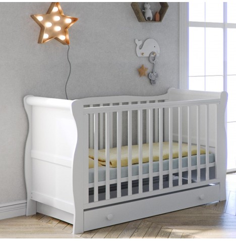 Little Acorns Sleigh Cot Bed With Deluxe Eco Fibre Mattress & Drawer - White