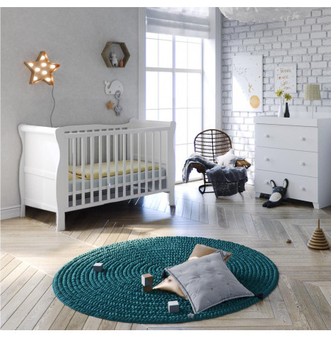 Little Acorns Sleigh 4 Piece Nursery Room Set - Cot Bed With Deluxe 4inch Foam Mattress & Dresser - White