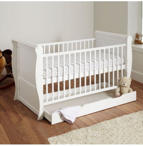 4Baby Sleigh Deluxe Cot Bed With Storage Drawer & Foam Mattress - White