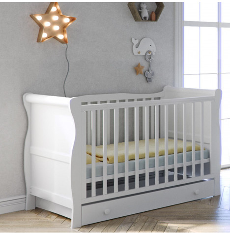 Little Acorns Sleigh Cot With Deluxe Maxi Air Cool Mattress & Drawer - White