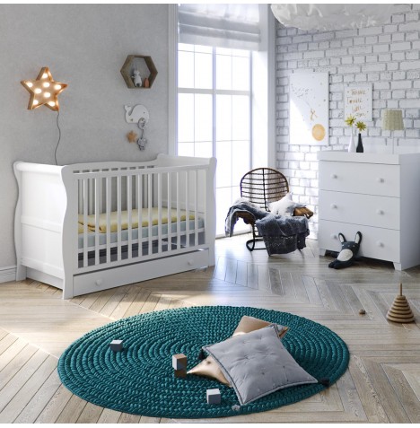 Little Acorns Sleigh Cot 4 Piece Nursery Furniture Set - Cot & Drawer With Dresser - White