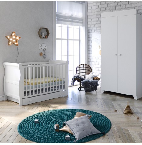 Little Acorns Sleigh Cot 3 Piece Nursery Furniture Set - Cot & Drawer With Wardrobe - White