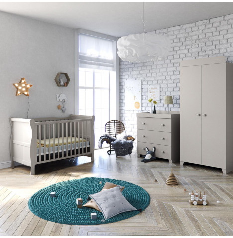 Little Acorns Sleigh Cot Bed 5 Piece Nursery Room Set With Deluxe 4inch Foam Mattress - Grey