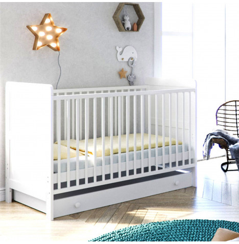 Little Acorns Classic Milano Cot Bed and Drawer with Deluxe Fibre Mattress - White