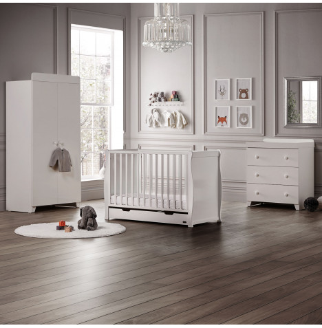 Puggle Sleigh Cot 5 Piece Nursery Furniture Set With Storage Drawer - White