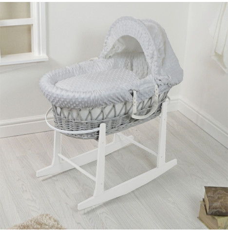 4Baby Padded Grey Wicker Moses Basket & Rocking Stand - Grey Dimple
