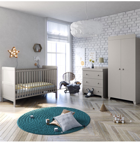 Little Acorns Classic Milano Cot Bed 5 Piece Nursery Furniture Set With Deluxe Foam Mattress - Light Grey