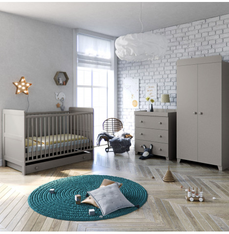 Little Acorns Classic Millano Cot Bed 6 Piece Nursery Furniture Set with Deluxe Fibre Mattress - Light Grey