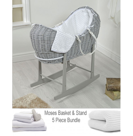 4baby Deluxe 5 Piece Grey Wicker Sleep Pod Moses Basket  - White Dimple