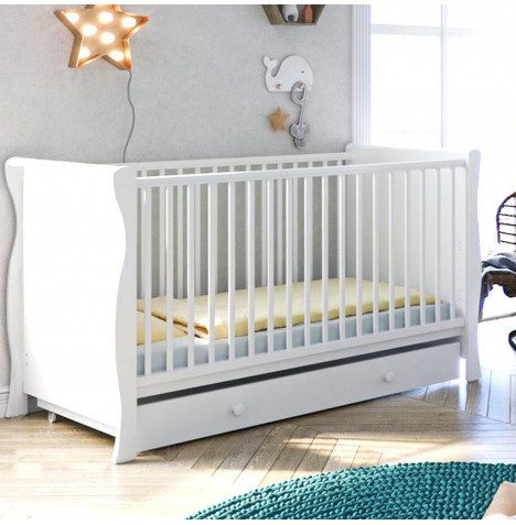 Little Acorns Sleigh Cot Bed With Deluxe Fibre Mattress & Drawer - White